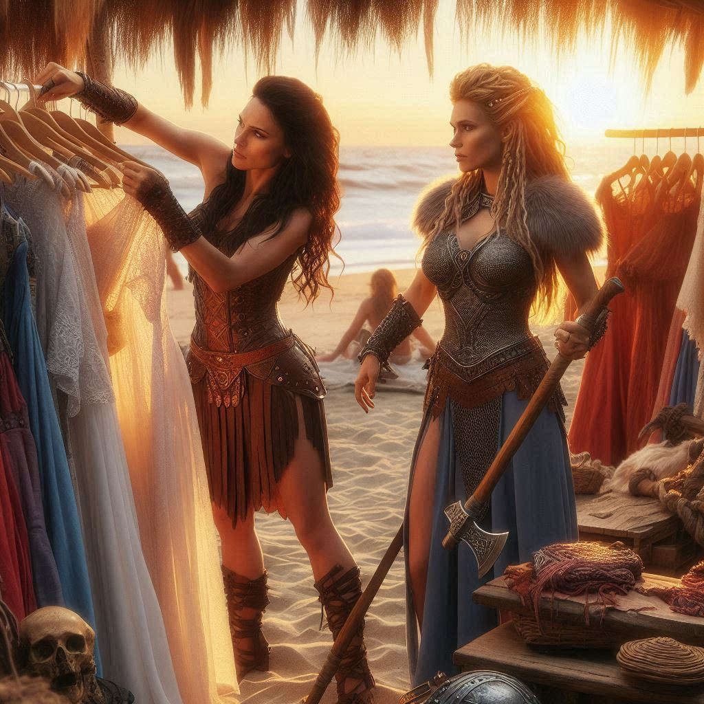 Pentesilea y Lagertha comprando en un mercadillo de playa al amanecer
