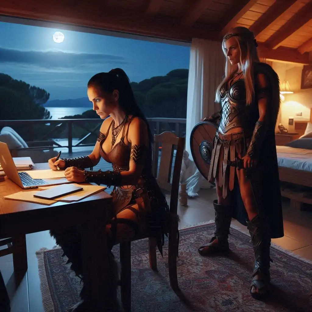 Pentesilea programando con un ordenador y Lagertha esperando detrás