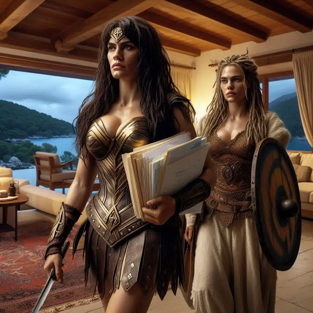 Imagen de la serie Lagertha y Pentesilea llevando las facturas en papel