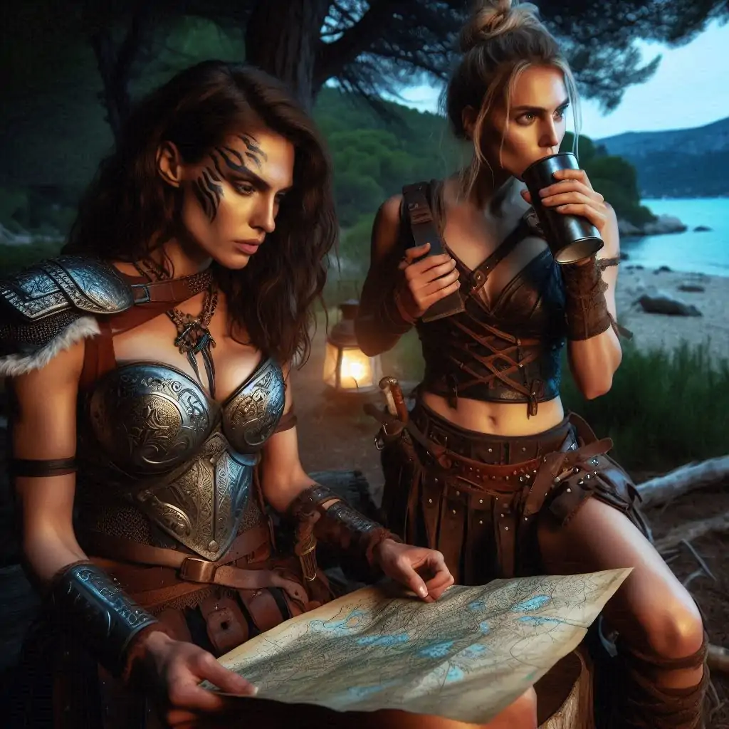 Pentesilea desconcertada mirando un mapa y Lagertha bebiendo con ímpetu